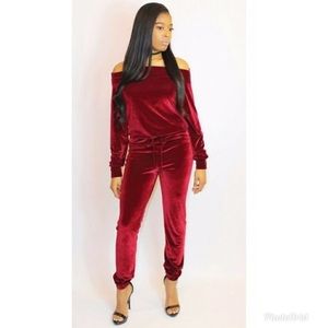 Velour burgundy/deep red off the shoulder jumpsuit